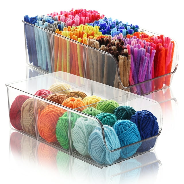 StorageBud 2 Pack Clear Plastic Storage Organizer Bin with Handles - Stackable Bin Tray for Home, Classroom, Playroom, Studio - Great Bin for Crafts, Art, Brushes, Paint, Sewing Supplies