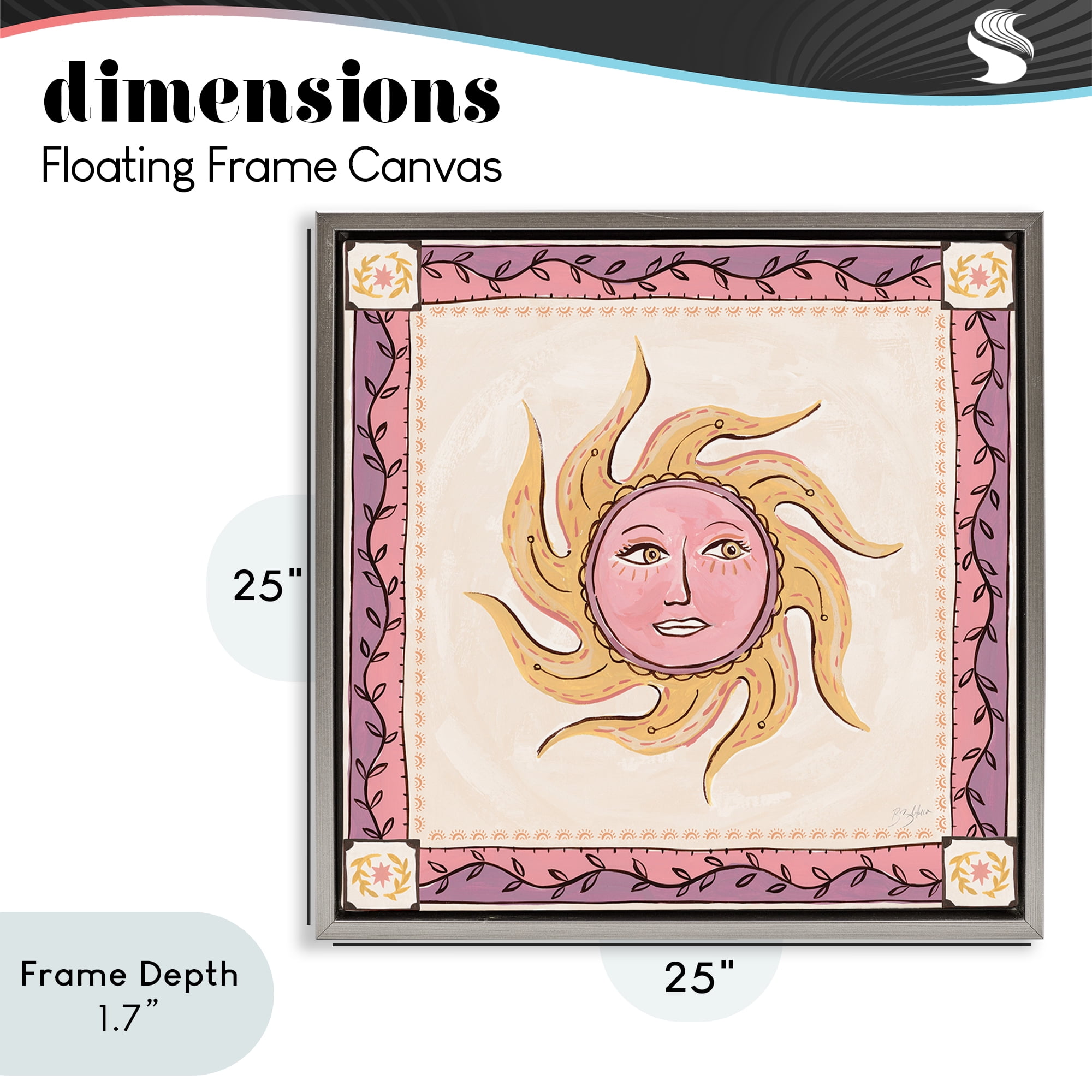 Stupell Industries Pink Sun Face with Leaf Border Gray Framed Floater Canvas Wall Art, design by Two If By Sea Studios