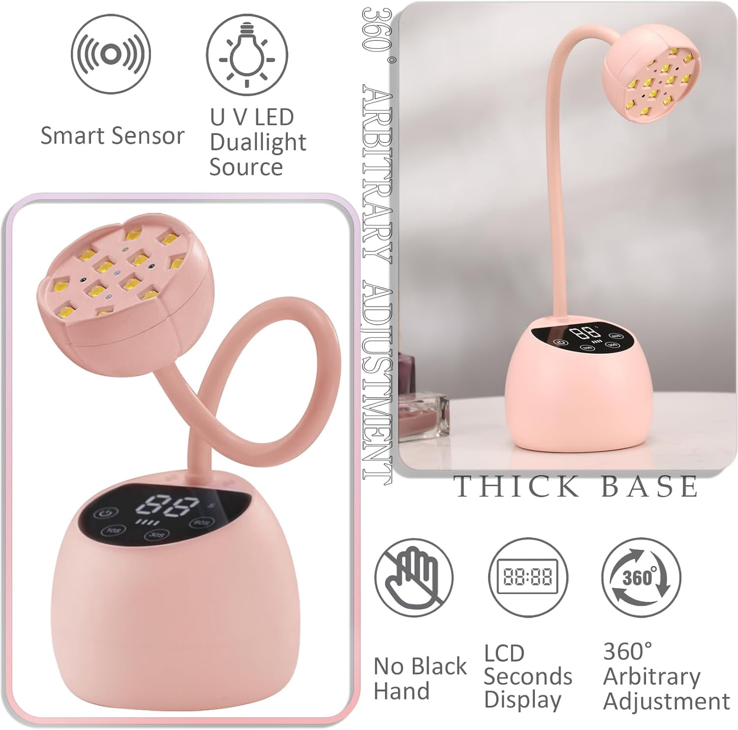 ABCISI UV LED Nail Lamp, 36W Mini Cordless Gel x Nail Lamp Flash Cure, Auto Sensor Gooseneck Portable USB Gel Nail Dryer UV Light with 3 Timers and LCD Display for Home DIY, ML-10007