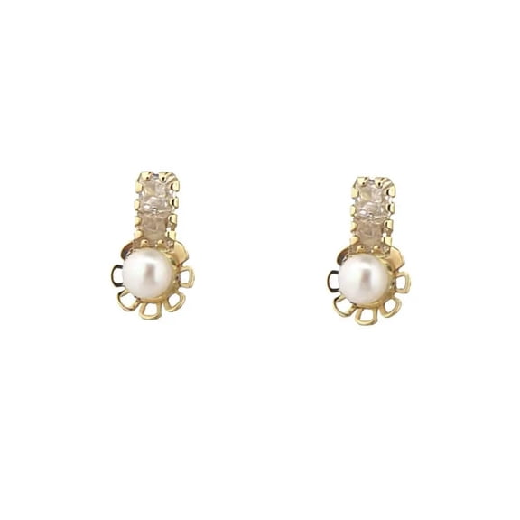 18K Solid Yellow Gold Zirconias and Pearl Flower Covered Screwback Earrings