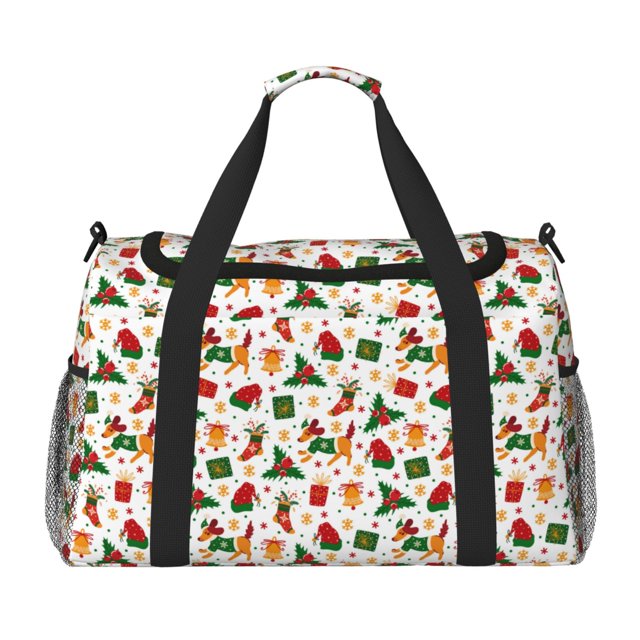 Fotbe Christmas Hat Cute Puppy Bolsa de Viaje con Estampado, Bolsa de Fin de Semana para Mujer con Compartimento para Zapatos, Bolsa de Gimnasio con Bolsillo Húmedo