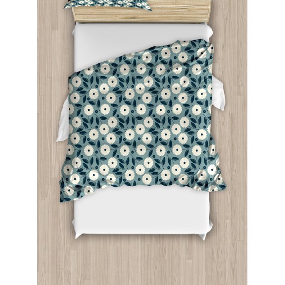 Ivory and Blue Twin Size Duvet Cover Set, Garden Art Style Bouquet of Ornate Flowers Illustration, Decorative 2 Piece Bedding Set with 1 Pillow Sham, Ivory Dark Blue and Slate Blue, by Ambesonne