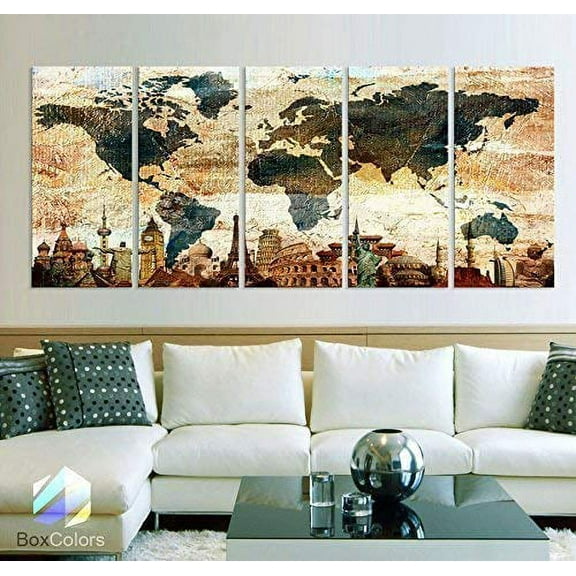 Original by BoxColors Xlarge 30"x 70" 5 Panels 30x14 Ea Art Canvas Print Original Wonders of the world Texture Map travel Wall decor Home interior (framed 1.5" depth)