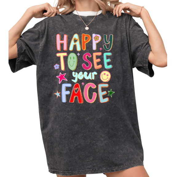 Women's Happy To See Your Face Retro Smiley Aesthetic Graphic Breathable Washed T Shirt Black S-2XL Plus Size