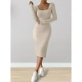 thumbnail image 5 of Women'S Autumn Dress 2 Long Sleeve Square Neck Knit Midi Beach Resort Dress Slit Slim Maxi Dress Beige Apricot M, 5 of 8