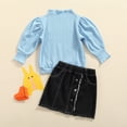 thumbnail image 2 of Toddler Girl Long Puff Sleeve Turtleneck Shirt Solid Sweater Denim Skirt Clothes Fall Winter Outfit, 2 of 7