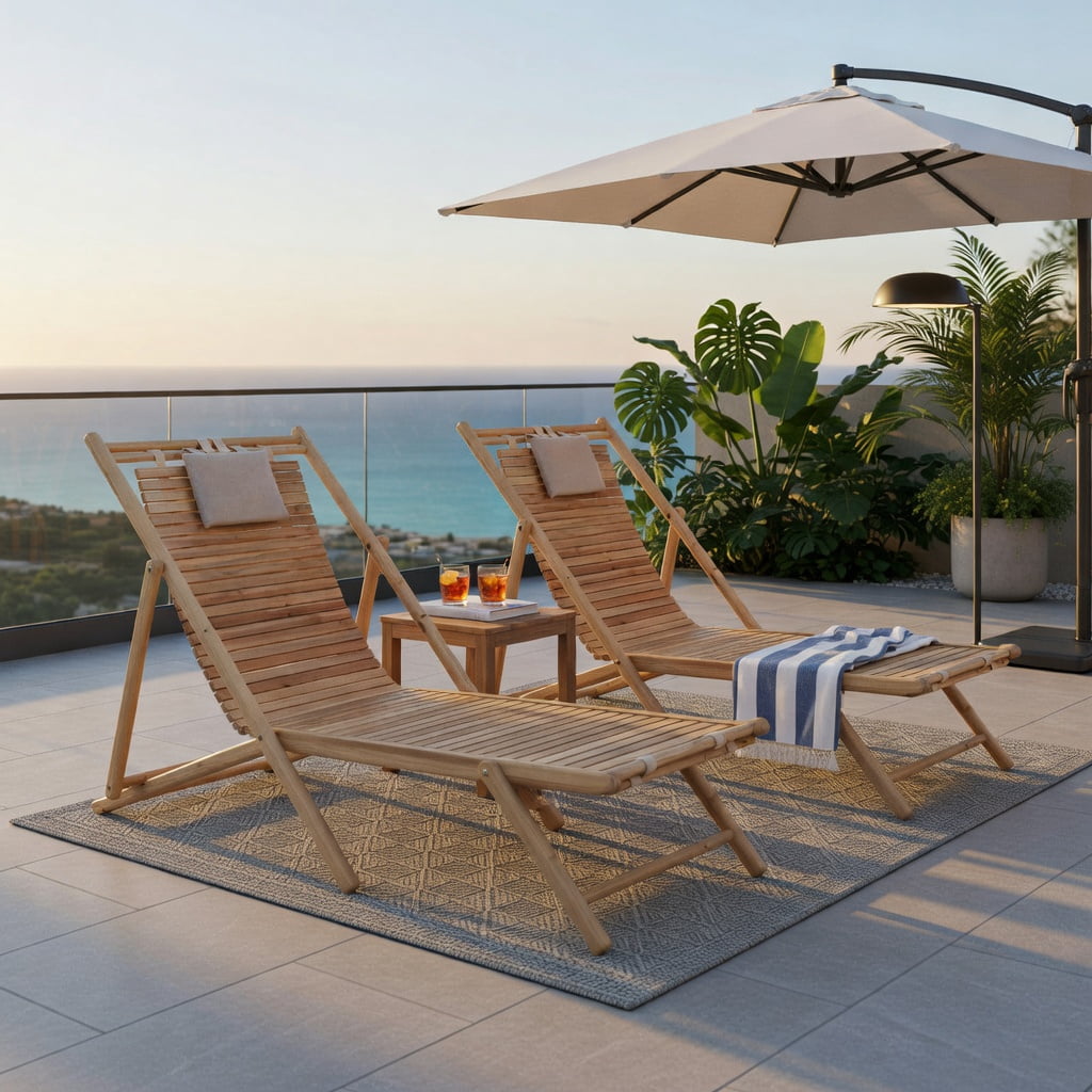 Hommoo Solid Fir Wood Folding Lounge Chair with 3-Position Adjustable Backrest & Plush Padded Headrest, for Patio, Backyard, Porch, Natural