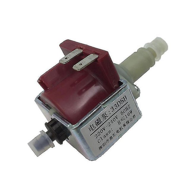 bomba electromagnética 33dsb para plancha de vapor zhch bomba de agua médica 220v 3/4 frontal de microbomba solenoide con carcasa metálica y tapa roja con dos terminales planos, boquillas de entrada y salida en blanco y negro y placa con especificaciones 220V 33DSB; indicada para planchas de vapor y generadores de vapor en aplicaciones pequeñas.