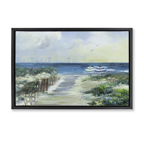 Stupell Industries Rustic Lodge Two Beach Umbrellas Coastline Black Floating Frame Canvas Art, 25 x 17, by Sally Swatland