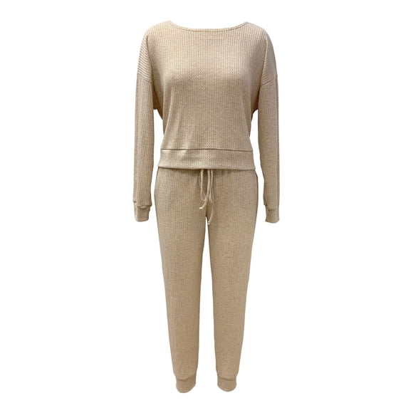 JENNI Sets Beige Elastic Band Solid Long Sleeve Crew Neck T-Shirt Cuffed Everyday Size XL