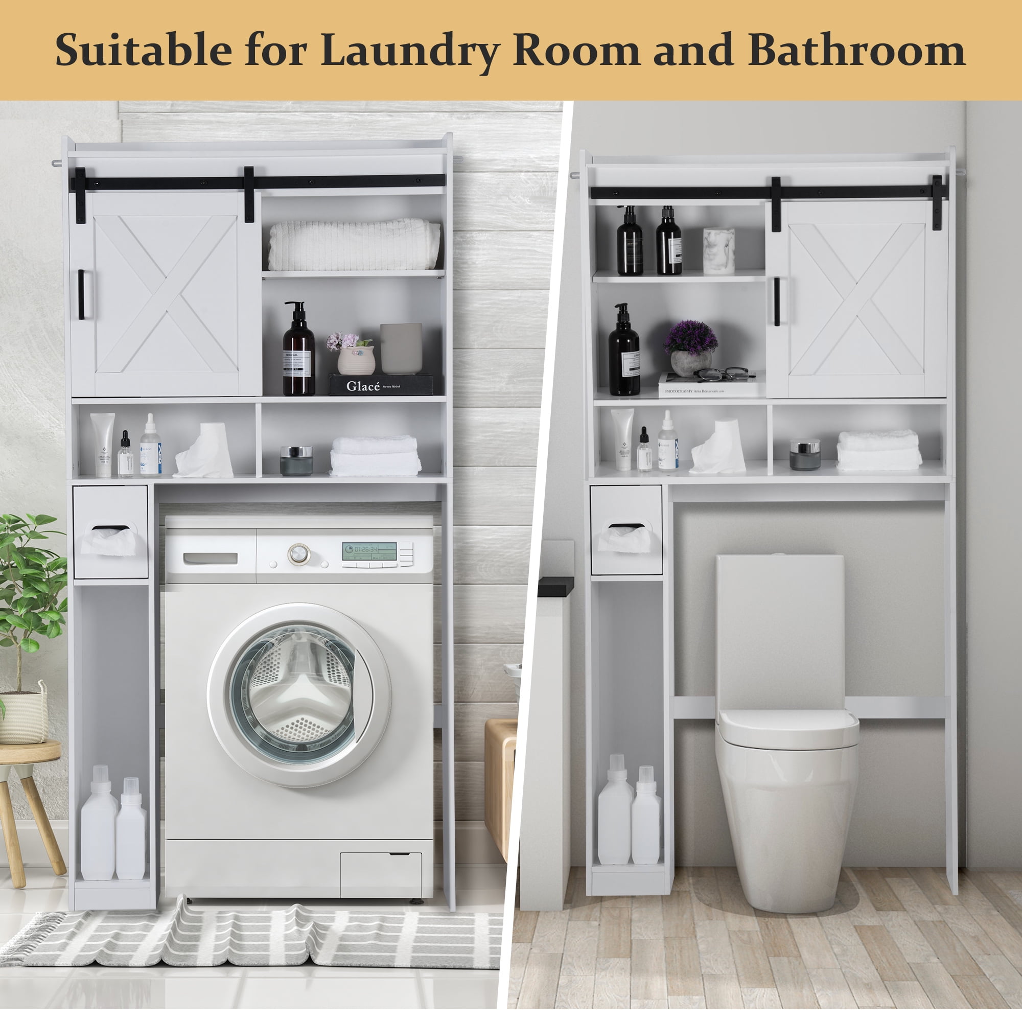 Evmore Over the Toilet Storage Cabinet, Freestanding Bathroom Organizer with Adjustable Shelves, Waterproof, 65" H x 32" D x 7.7" W, White