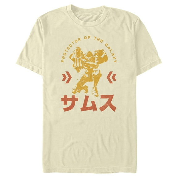 Men's Nintendo Metroid Samus Protector of the Universe Kanji Graphic Tee Cream Large