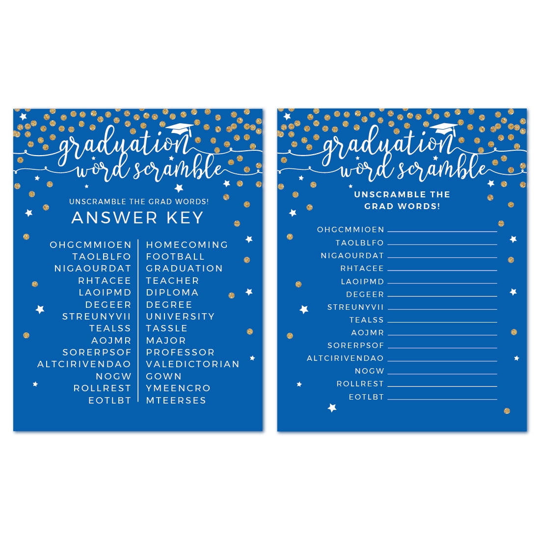 royal blue and gold glittering graduation word scramble game cards 20