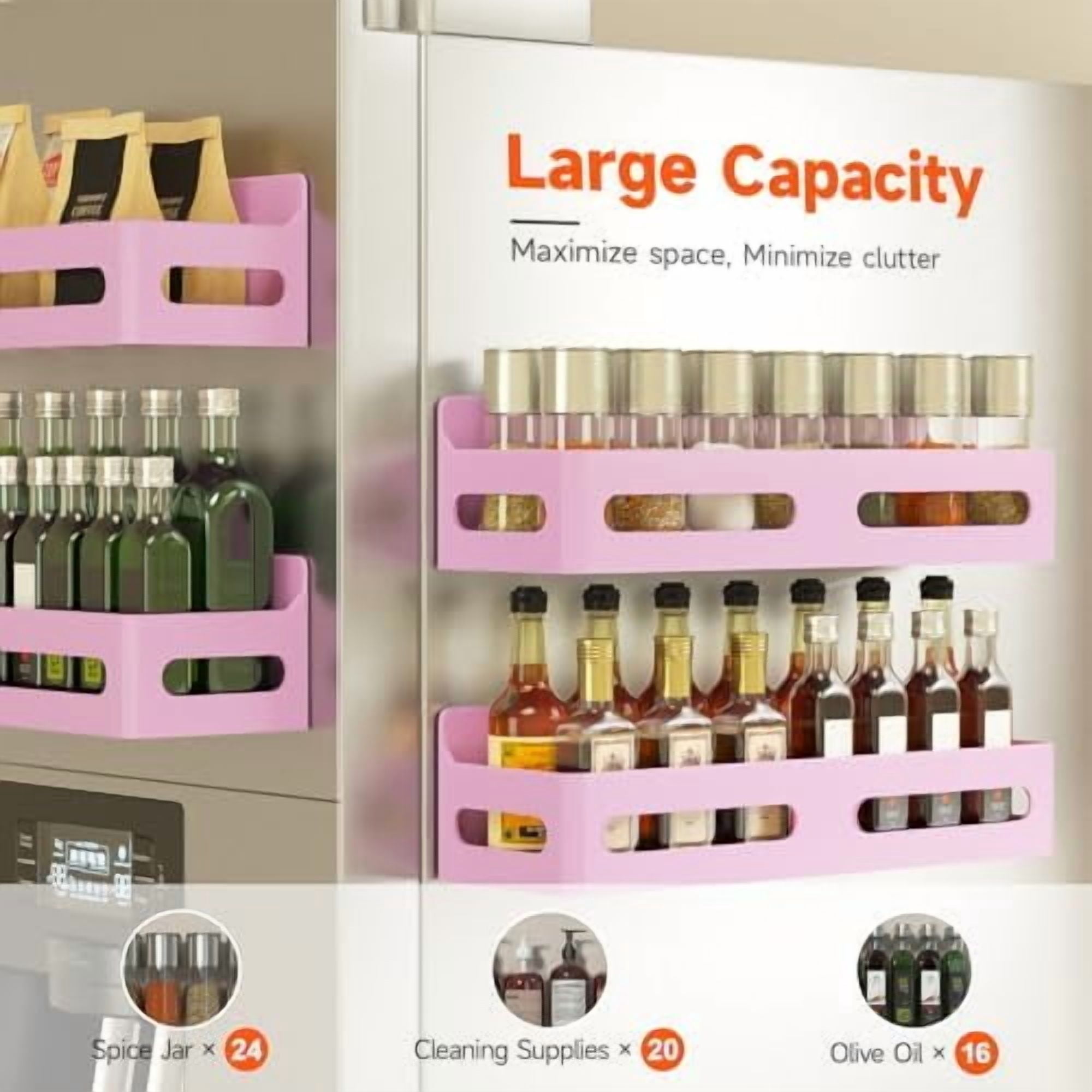 4 Pack Strong Magnetic Spice Rack for Refrigerator, Multipurpose Magnetic Shelf for Fridge with 4 Hooks for kitchen and Bathroom Organization, Pink
