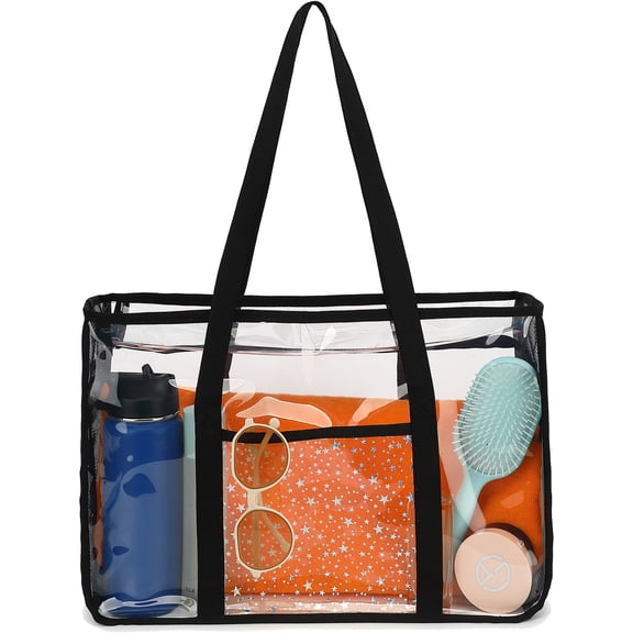 Large Clear Beach Bag , Plastic Beach Tote for Women & Girls,Pool Tote Bag With Zipper Closure, Waterproof, Sandproof,Cruise Vacation Essentials,Black