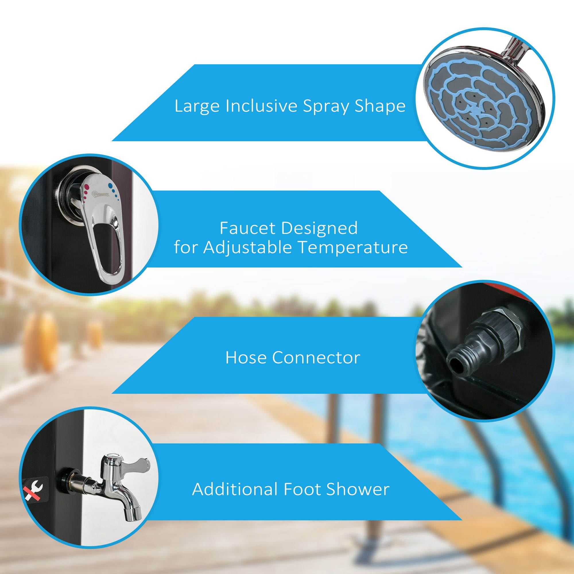 Outdoor Solar Heated Shower 9.2 Gallon with Rotating Head Black for Pool Patio