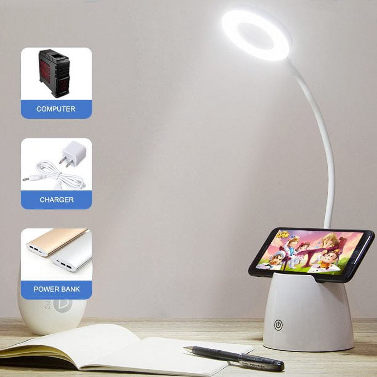 Warm Led Table Lamp Usb Rechargeable Table Lamp, Ring Flexible Touch Cordless Dimmable Memory Bed Reading Table Learning Lamp With Pen Holder