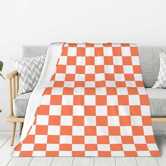 White Orange Squares Checkerboard Throw Blanket For Couch Sofa Bed, Super Soft Cozy Plush Throw Blanket, Lightweight Fuzzy Comfy Warm Flannel Blanket & Throws 50" x 60"