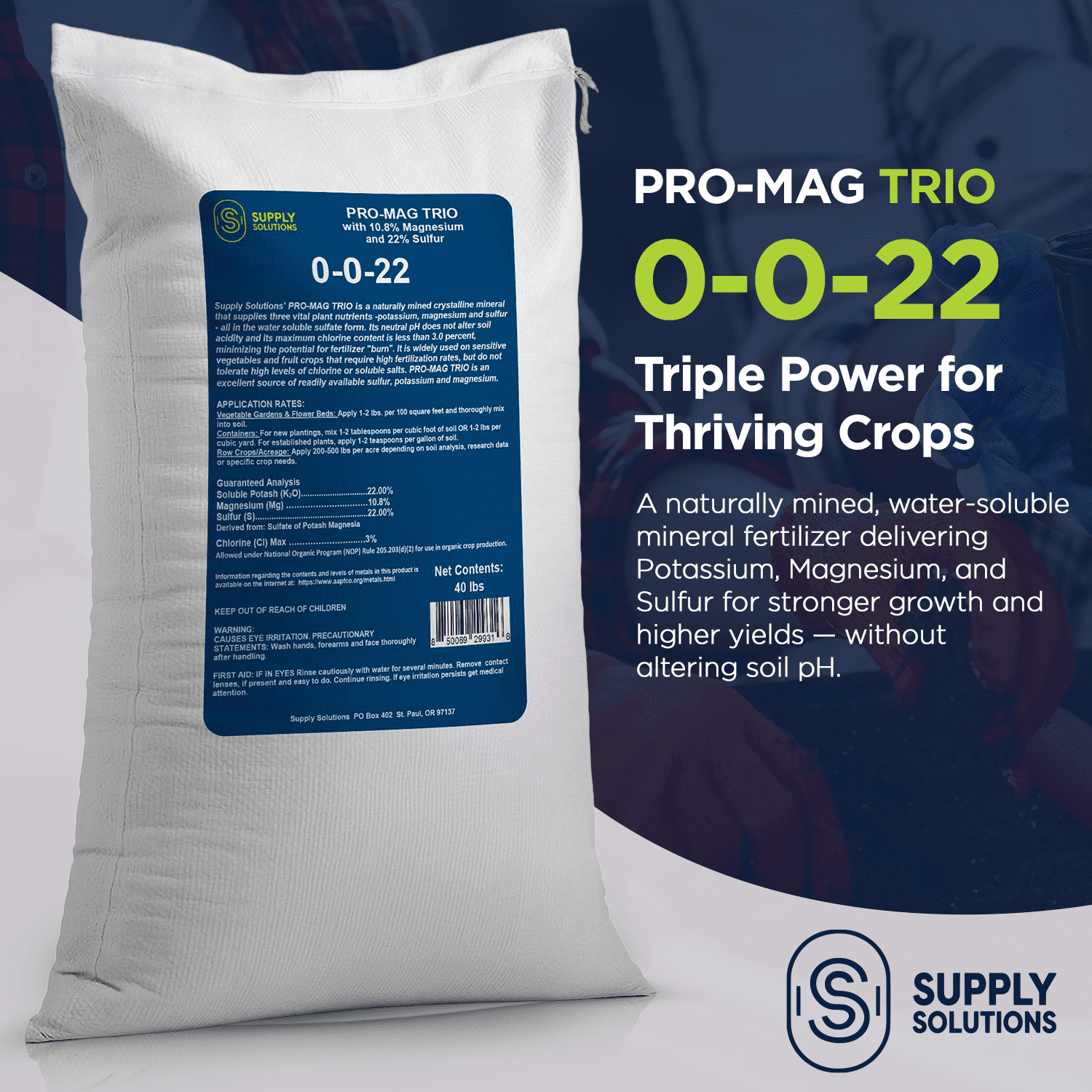 Supply Solutions | 0-0-22 Pro-Mag Trio - High Potassium, Magnesium & Sulfur Fertilizer for Lawns, Turf, Palm & Fruit Trees - Water-Soluble Plant Food for Stronger Growth & Higher Yields - 40lbs