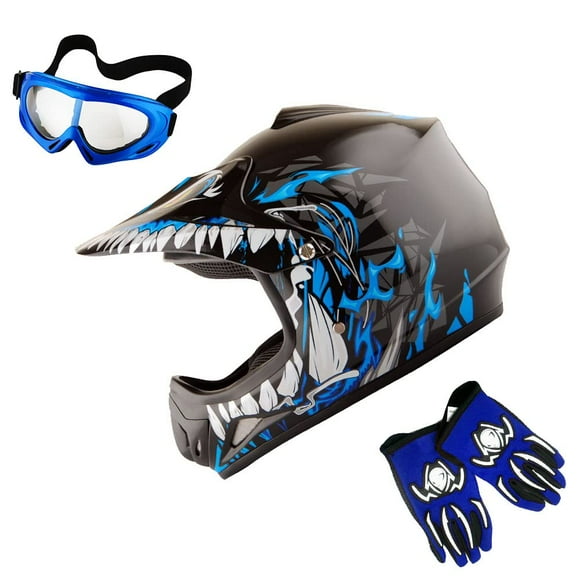 WOW Youth Kids Motocross BMX MX ATV Dirt Bike Helmet Dragon Blue goggles Mg Youth Blue glove Bundle