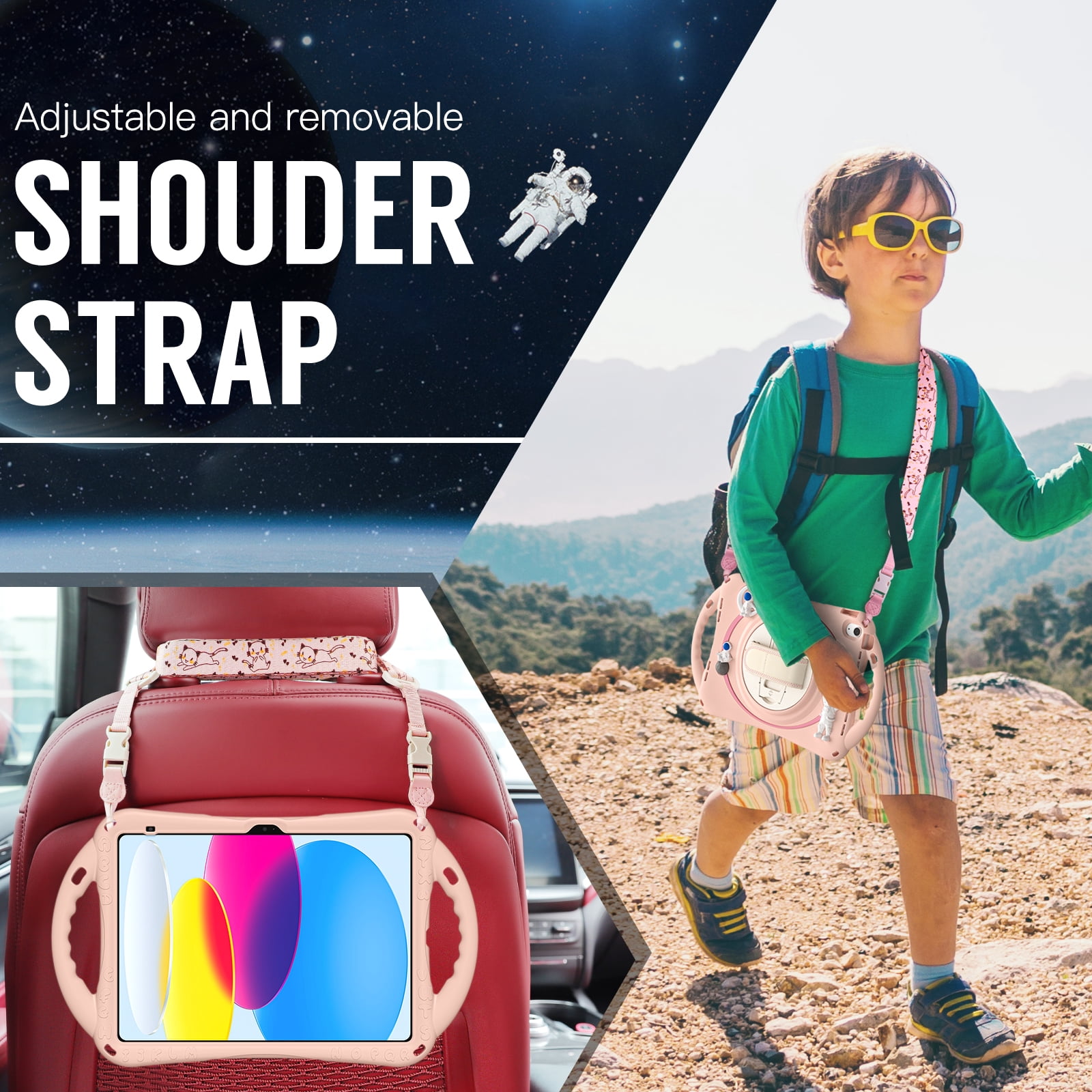 ELEHOLD for iPad 6th/5th Generation 9.7 inch Kids Case, Heavy Duty Pencil Cap Holder Kickstand 360° Rotating Hand Strap Carrying Shoulder Strap Shockproof Child-Proof Rugged Case, Pink