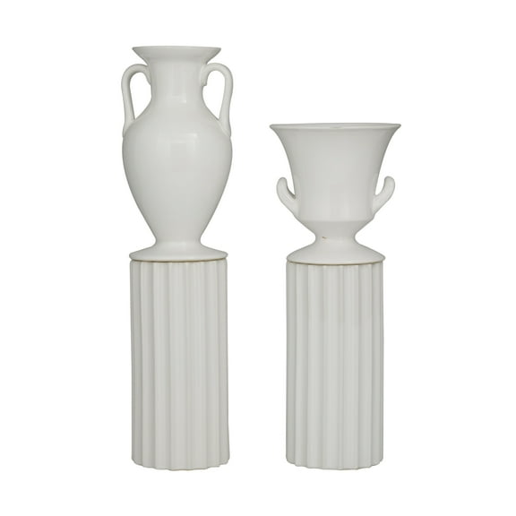 DecMode 16", 13"H Greek Inspired White Porcelain Vase, Set of 2