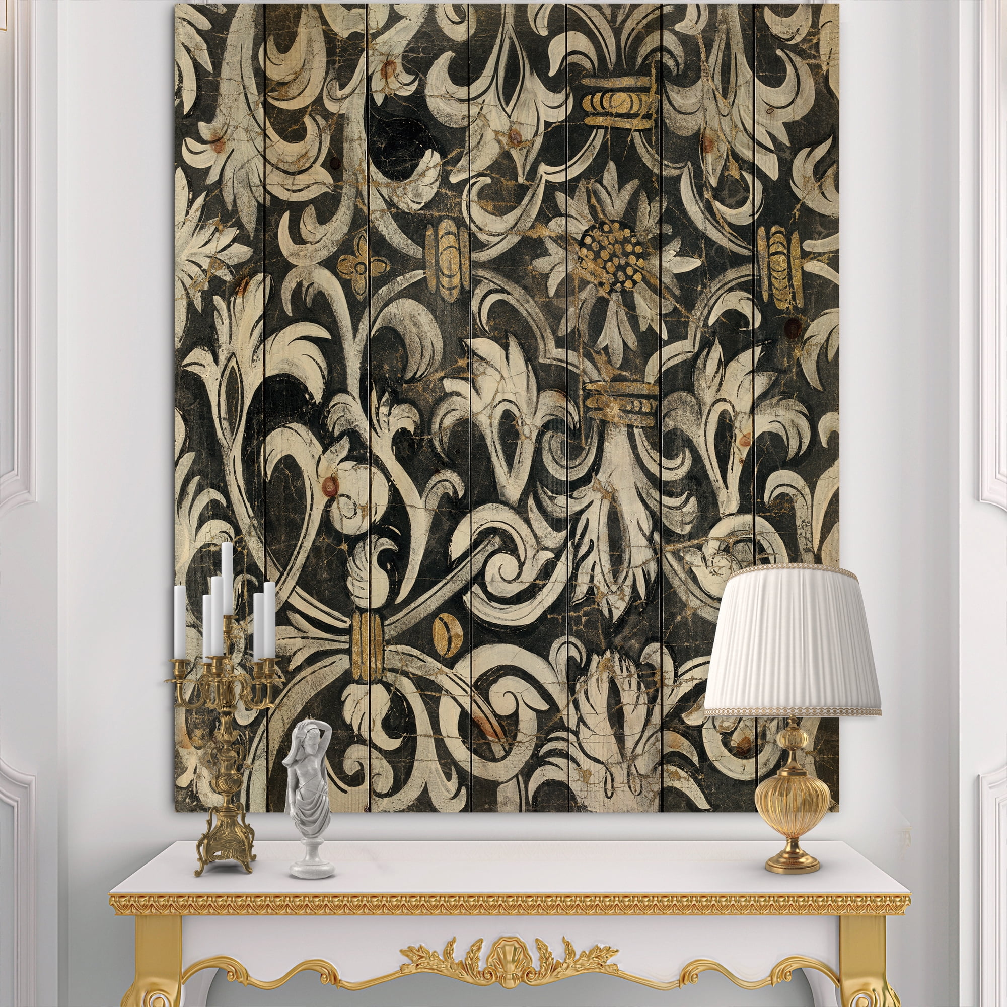 Designart 'Gold Mettalic Floral Strapwork ' Ornate Glam Print on Natural Pine Wood