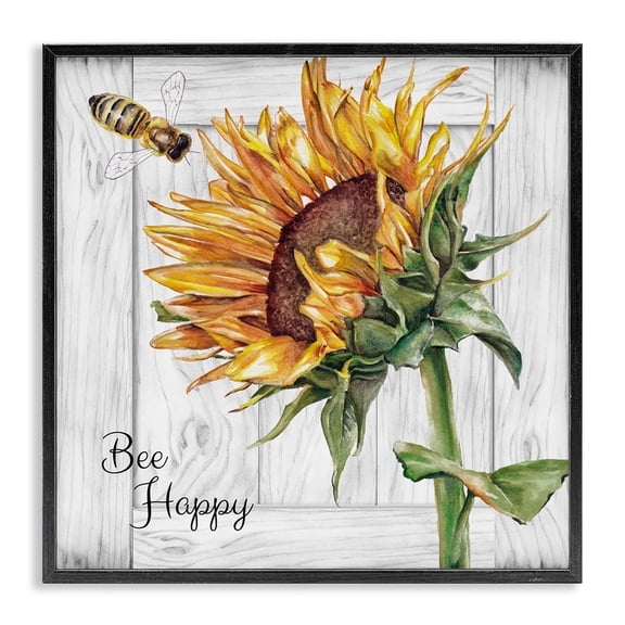 Stupell Industries French Country Bee Happy Rustic Sunflower Black Framed Giclee Art, 17 x 17, by Studio 731 rep. Levison Designs