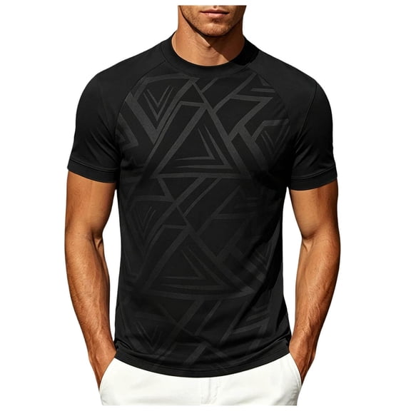 TKKCS Mens Slim Fit Crew Neck T Shirts- Summer Casual Lightweight Short Sleeve Geometric Print Basic Tees Black Size XL