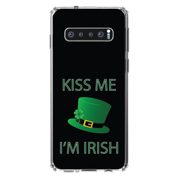 DistinctInk Clear Shockproof Hybrid Case for Samsung Galaxy S10  PLUS(6.4" Screen) - TPU Bumper, Acrylic Back, Tempered Glass Screen Protector - Black Green Kiss Me I'm Irish