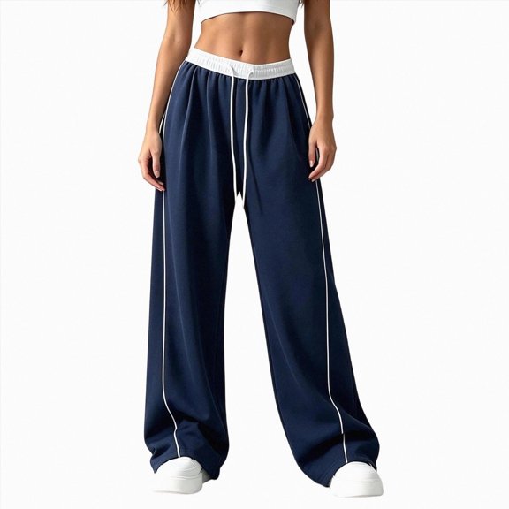 Womens Wide Leg Sweatpants Baggy Drawstring Sweat Pants with Side Stripe Elastic Drawstring Waist, Contrast Waistband, Relaxed Fit,Color Block