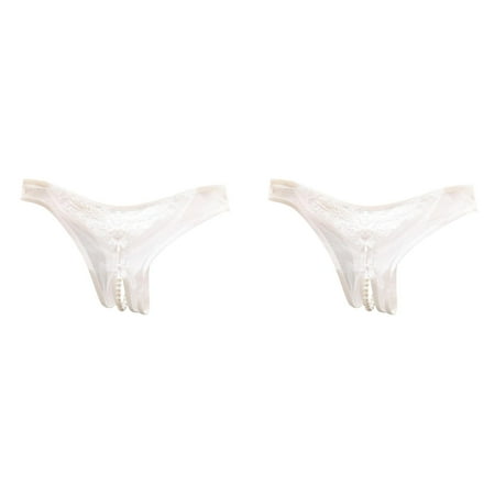 (2-Pack) Rinsvye Women Sexy Underwear Lace Panties for Women Plus Size Pack Open Cut Pearl Massage Cotton Briefs for Women Hollow Low Waist Triangle Lane Panties 22/24 G String Pants