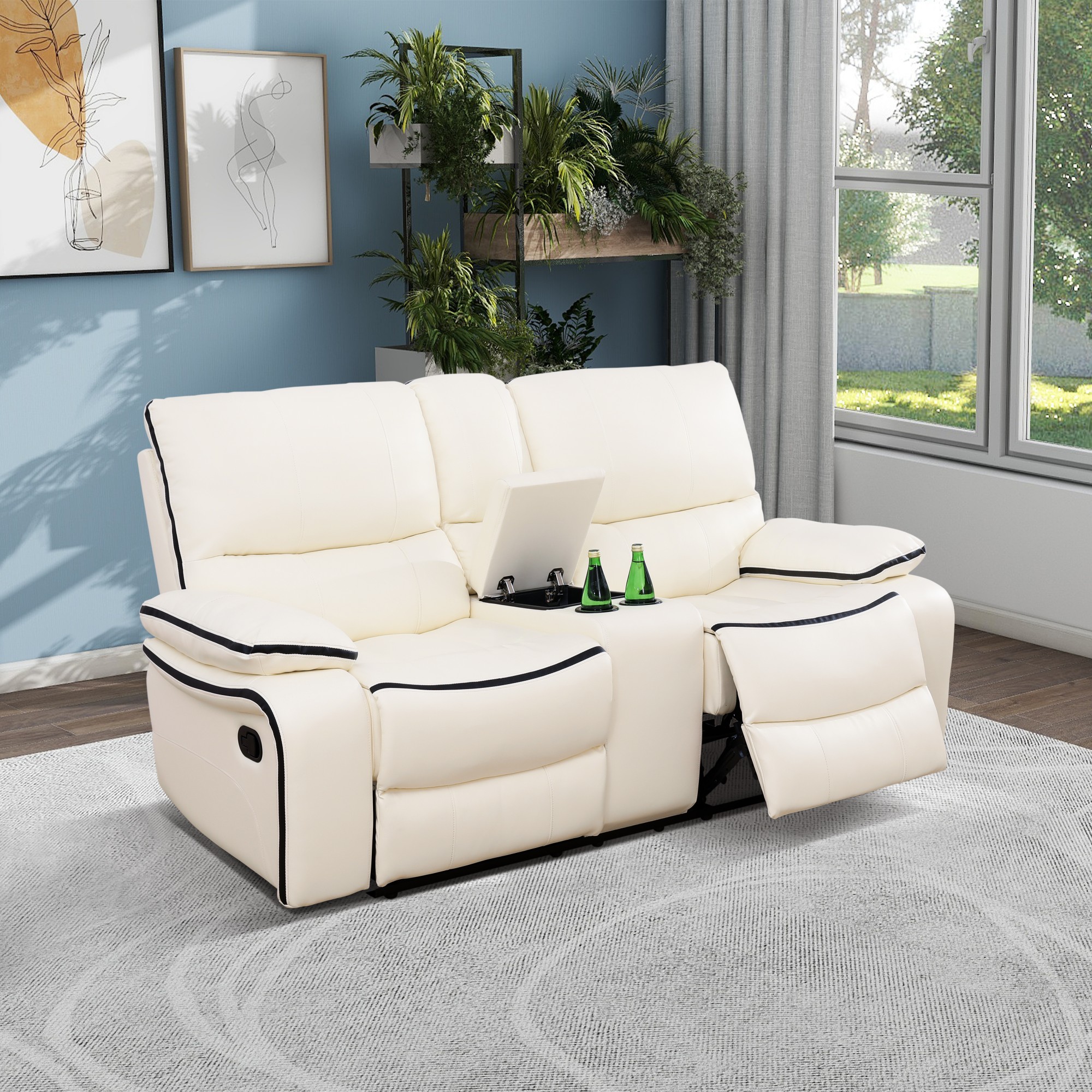 Gewnee 2-Seat Smart Sofa, Air Leather & Solid Wood Frame, Built-in Cup Holder, Adjustable Recline for Living Room Home Relaxation, Off-white