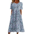 thumbnail image 2 of Summer Saving Clearane Plus Size Dresses, Women's Summer Casual Round Neck Short Sleeve Zipper Folding Floral Printed Dresses(Light Blue,M), 2 of 5