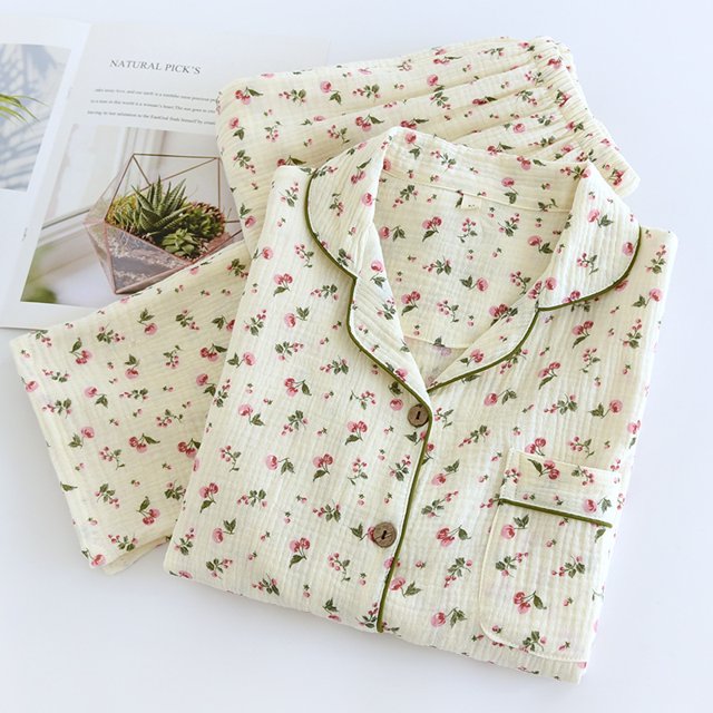 2024 Spring and Autumn Women's Pajama Set 100% Cotton Crepe Long sleeved Pants Two piece Cute and Sweet Home Fury Set Ladies