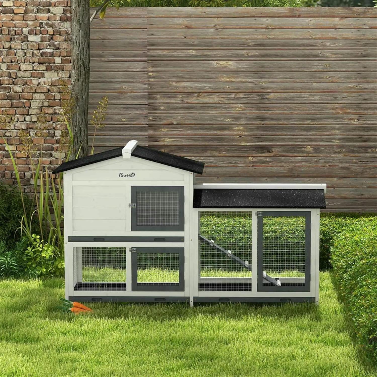 resenkos 62" 2-tier Wooden Rabbit Hutch with Slide-out Tray, Outdoor Small Animal Habitat Chicken Coop Bunny Cage for Bunnies, Guinea Pigs, White