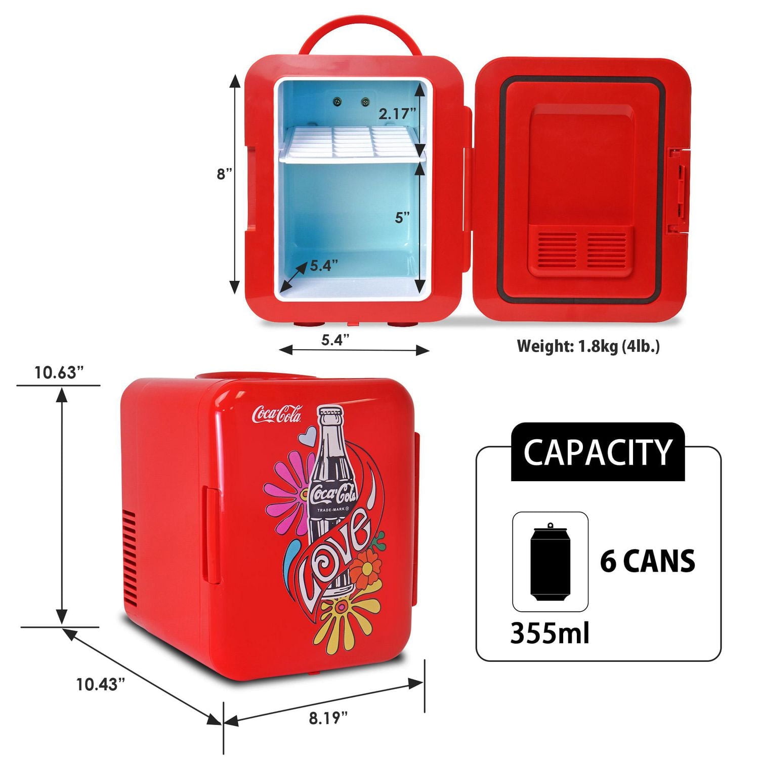Coca-Cola 4L Portable Mini Fridge, 6 Can Mini Cooler/ Warmer for Travel, Office & Home- Red