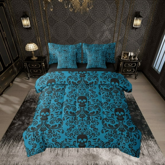 Damask Gothic Bedding Set Adults Antique Victorian Bed in a Bag Queen Comforter Set 7 Piece,Blue Black Sugar Skull Sheet Set Vintage Baroque Floral Goth Bed Set,Exotic Bone Skeleton Bohemian Decor