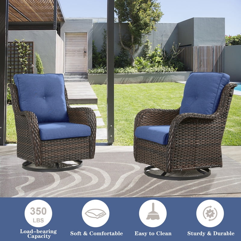 PARKWELL 4-Piece Outdoor Patio Furniture Set 5-Seat High Back Conversation Set with 41" Fire Pit Table and Swivel Glider for Patio Garden Deck,Brown Wicker Navy Cushions
