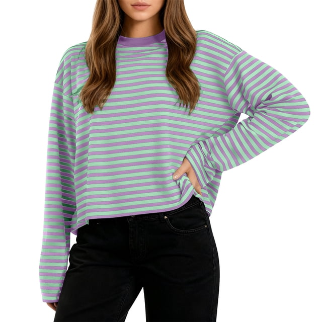 ABATAB Chandail Rayé pour Femmes Col Rond Manches Longues Hauts Décontractés Amples Tendance Chemise d'Entraînement Tenues d'Automne