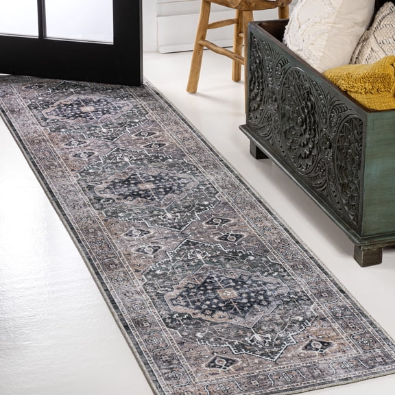 JONATHAN Y WASHABLE 2 x 8 Runner Rug, Alacati Ogee Medallion - Dark Green/Dark Beige, WSH103B-28