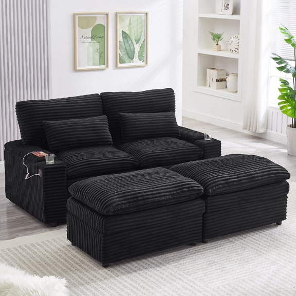 70.9" Free-combined Sectional Convertible Sofa Bed with Charging Station and Storage Space, Loveseat Sofa Couch with 2 Cup Holders and 2 Movable Ottomans for Living Room, Apartment, Black