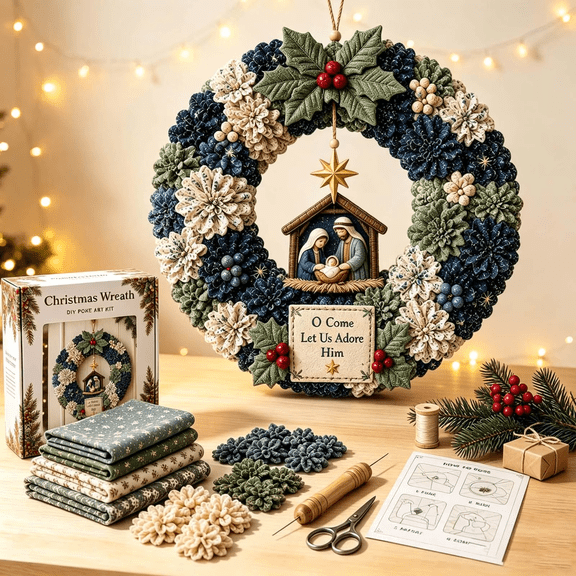 Christmas Wreath, 3D Fabric Wreath DIY Kit, Christmas Wreath Craft Set for Beginners, Holiday Art Project for Home Door Wall Hanging Decor, Christmas Gift for Craft Lovers,1PCS
