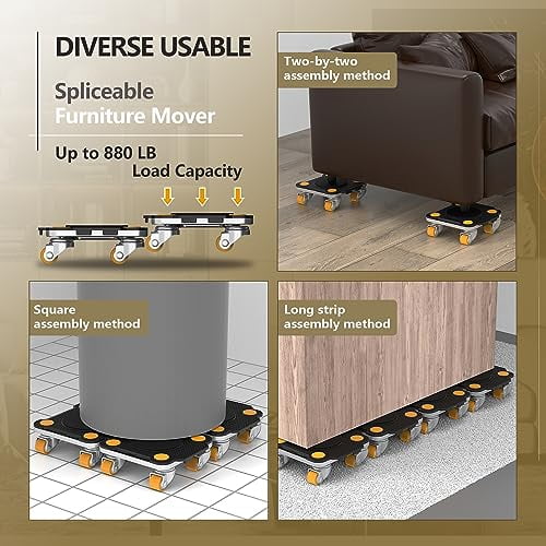 ONEON Furniture Mover with Wheels, 360° Rotation Wheels for Moving Heavy Furniture, Appliances, 880 LB Max Load Capacity with Auxiliary Lifter - Black Connect Dolly Pro