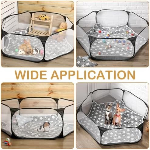 Hamster Playpen with Mat Small Animal Cage Tent Breathable Transparent Guinea Pig Playpen Waterproof Portable Yard Fence Mat Foldable Exercise Playpen Outdoor Indoor (Black,Star)