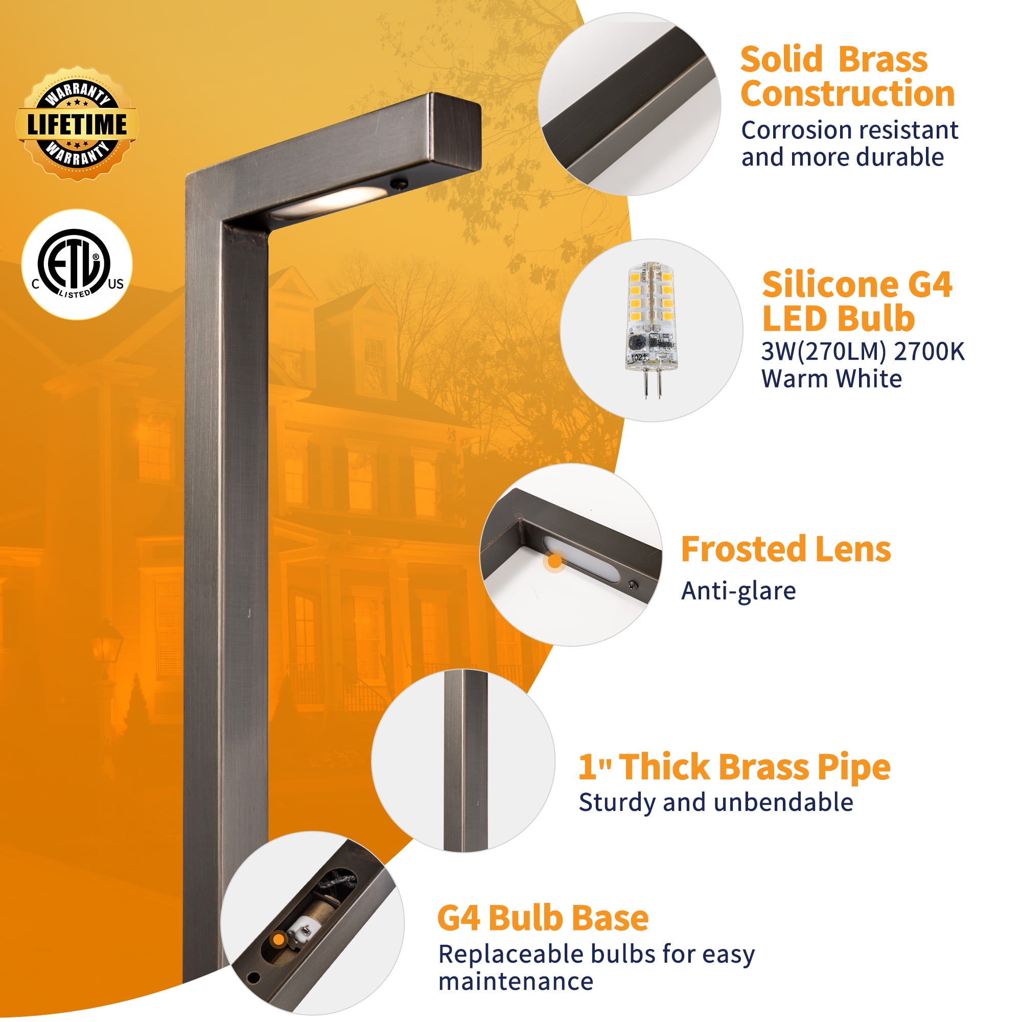 Gardenreet Brass Low Voltage Pathway Lights, Outdoor LED 12V Landscape Path Lights(L) for Walkway Driveway Garden Yard with 3W 2700K Warm White LED G4 Bulb(8 Pack)
