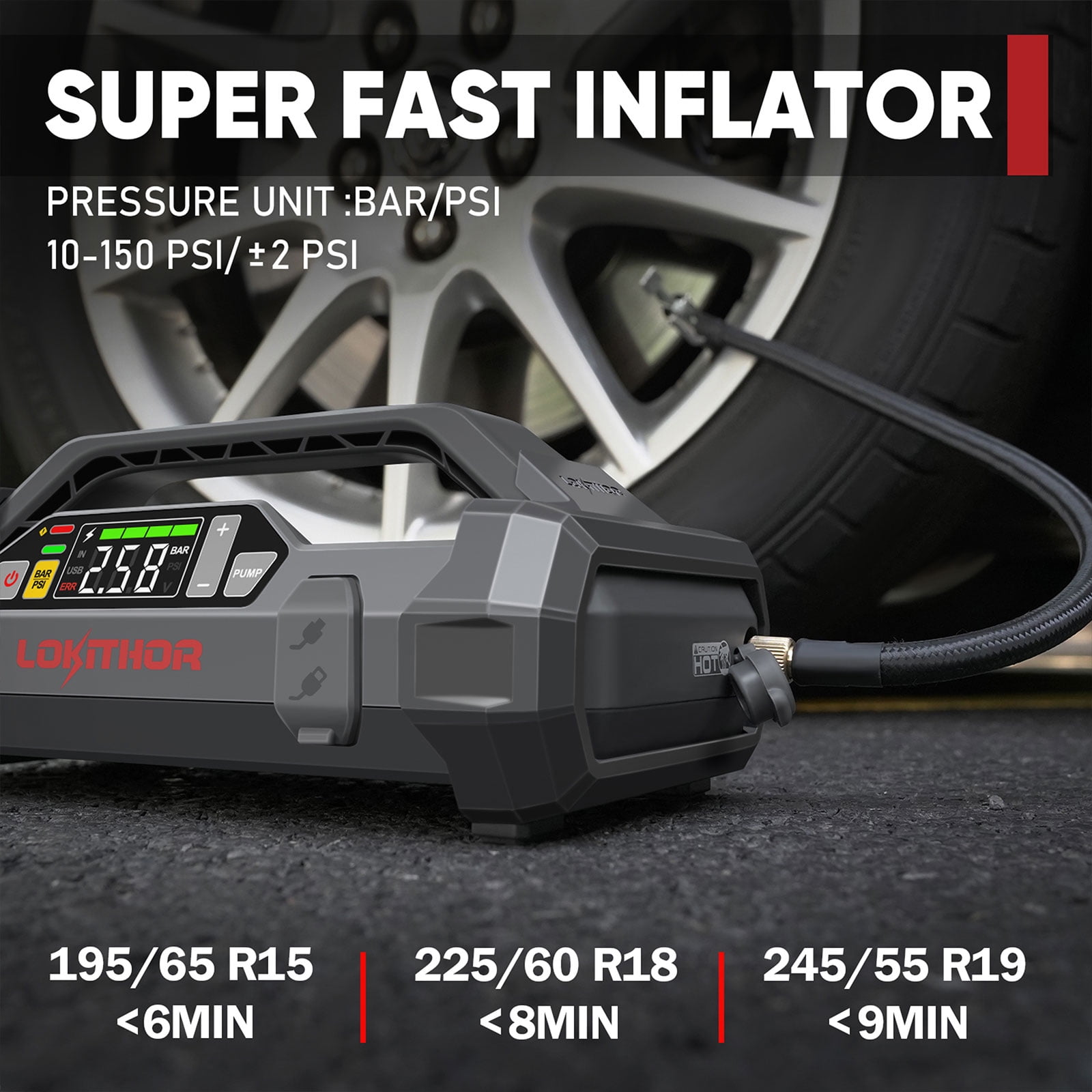 LOKITHOR JA401 Jump Starter with Air Compressor, 3750Amp 12V Portable Car Battery Starter（10.0L Gas and 8.0L Diesel）Engines, 150PSI Digital Tire Inflator