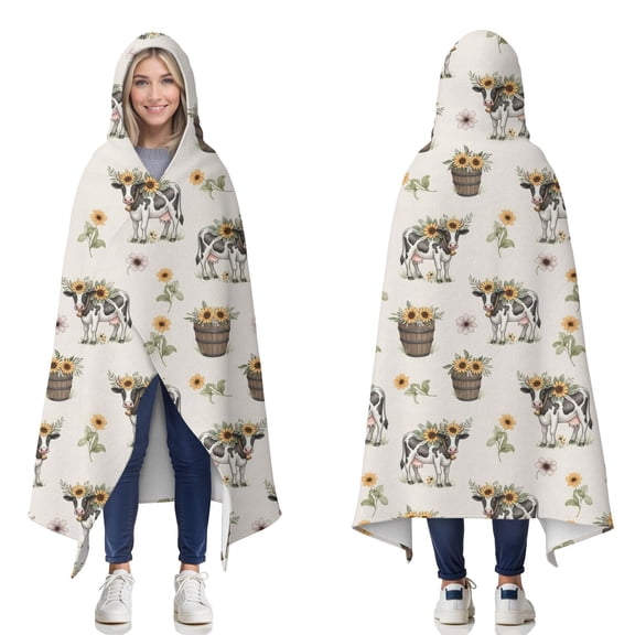 Wearable Blanket,White Buffalo Pattern Hooded Wearable Flannel Blanket for Adults & Teens,Winter Poncho Shawl Wrap Cape Cozy Anti-Pill,50"x60"