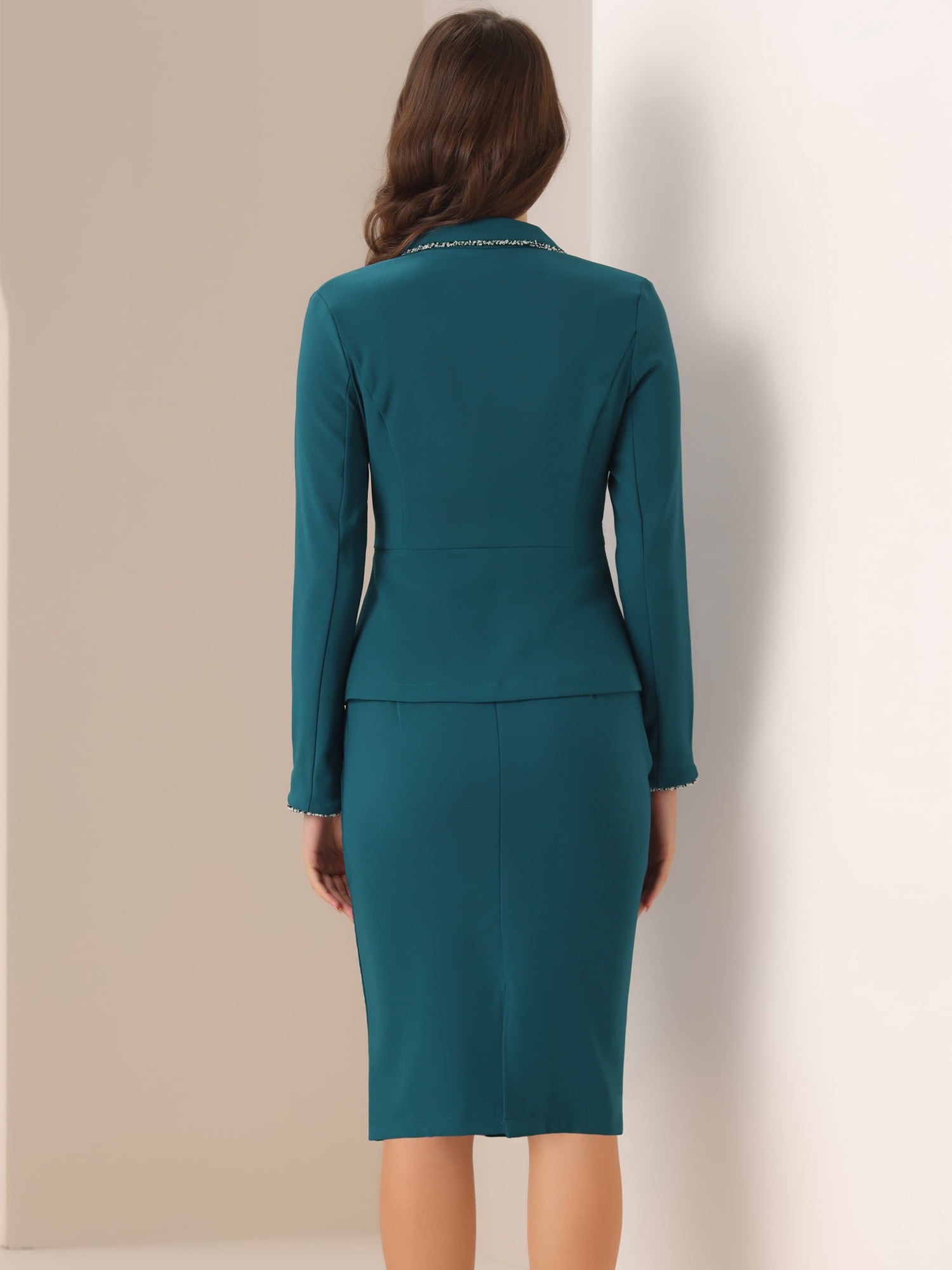 DARING DIVA Women's 2 Pcs Business Tweed Trim Blazer Skirt Outfit Sets L Lake Blue