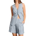 thumbnail image 2 of Uootdi Women's 2 Piece Matching Lounge Set Sleeveless V Neck Button Down Vest High Waist Pleated Linen Shorts Set with Pockets, 2 of 6